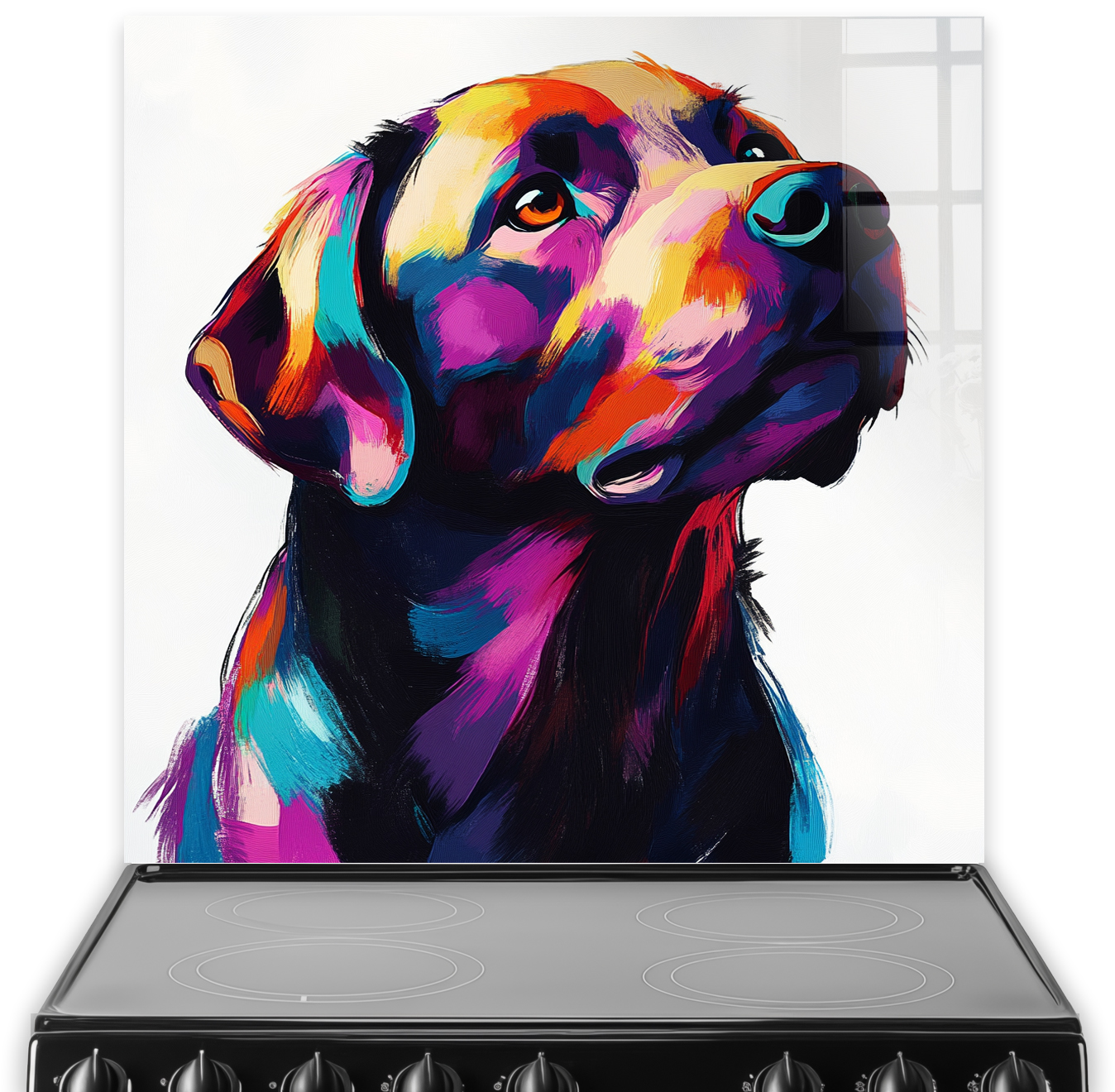 Colourful Labrador Retriever splashback art with vibrant colours.