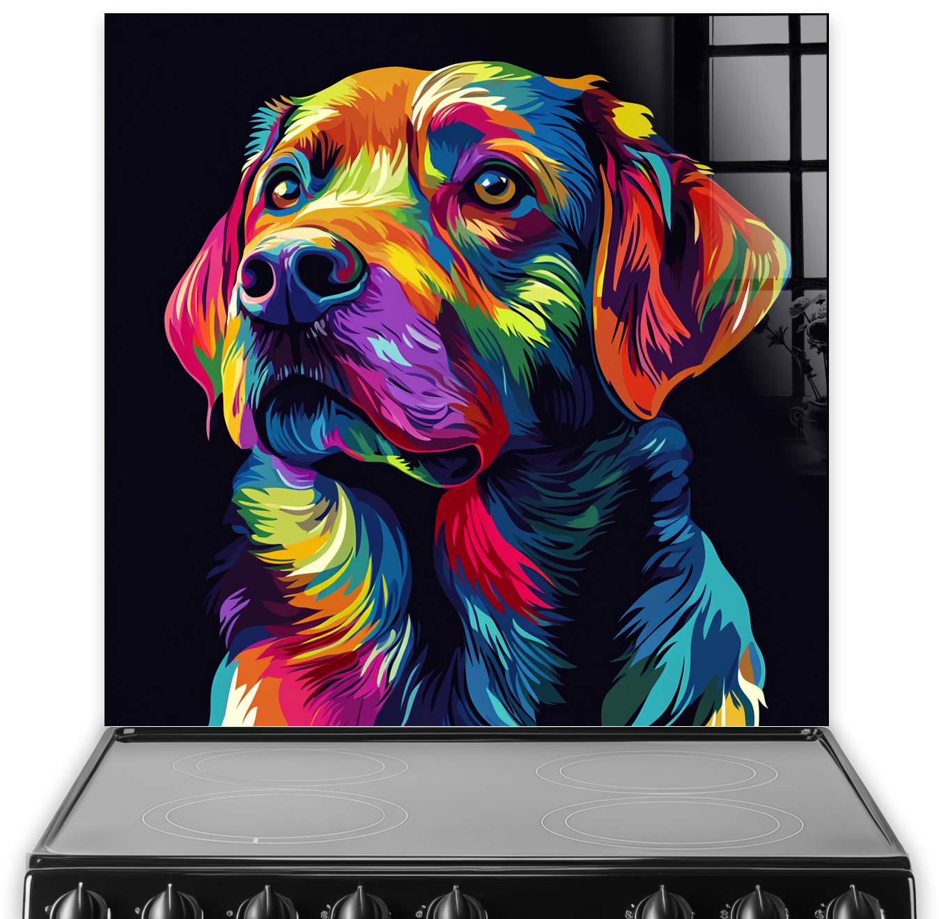 Colourful psychedelic Labrador Retriever splashback art