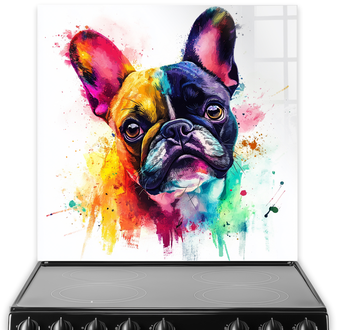 Colourful French Bulldog splashback art with vibrant colours.