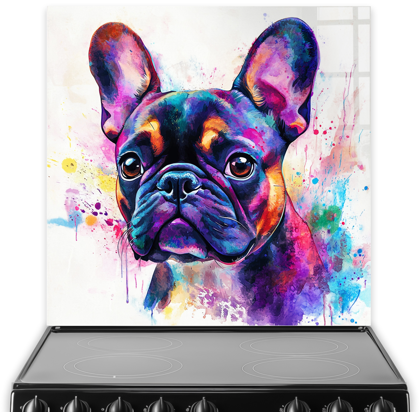 Colourful abstract French Bulldog splashback art with vibrant purples, blues, yellows, and pinks.