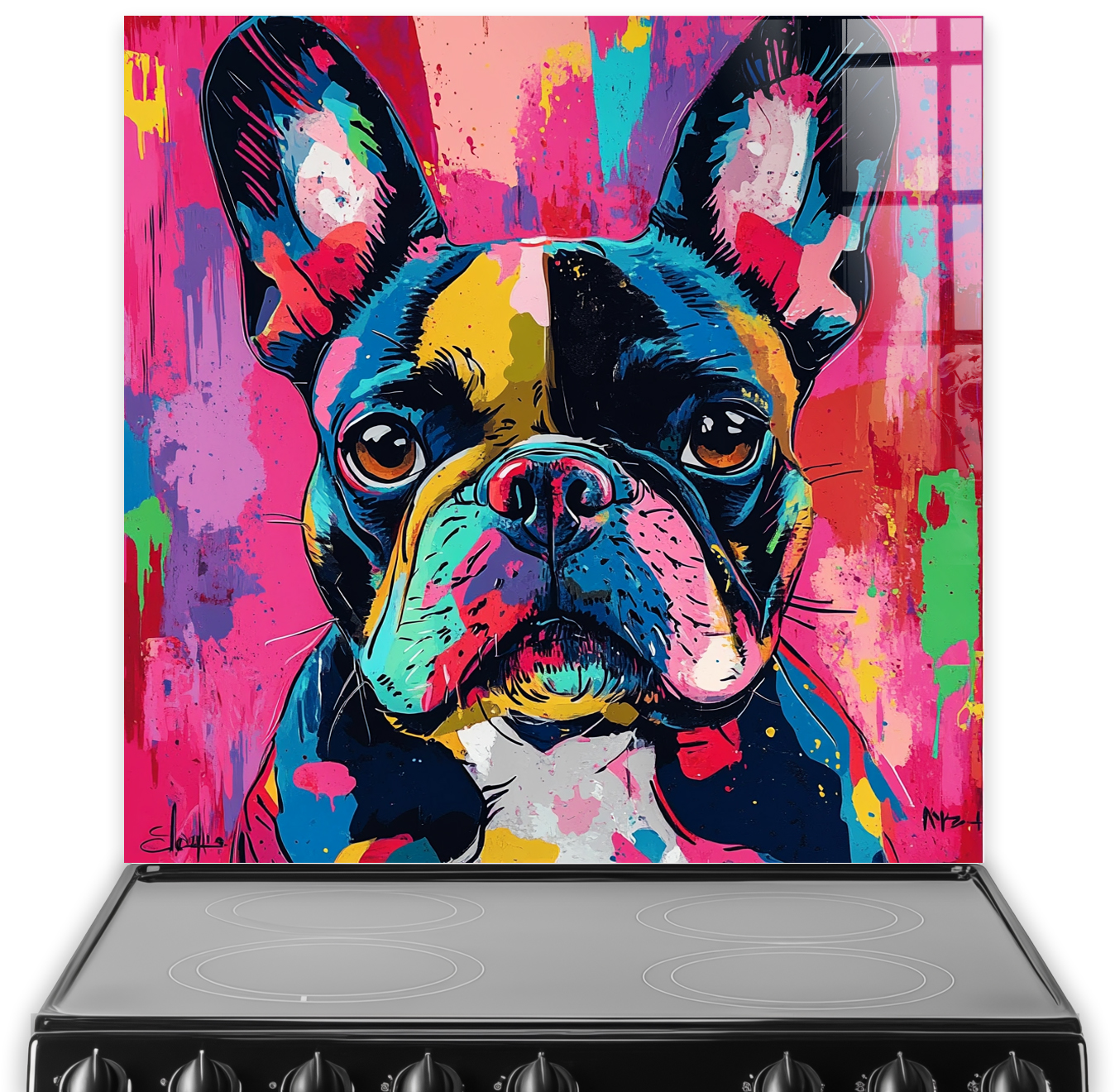 Colourful French Bulldog splashback with graffiti art and vibrant pink, blue, and green shades.
