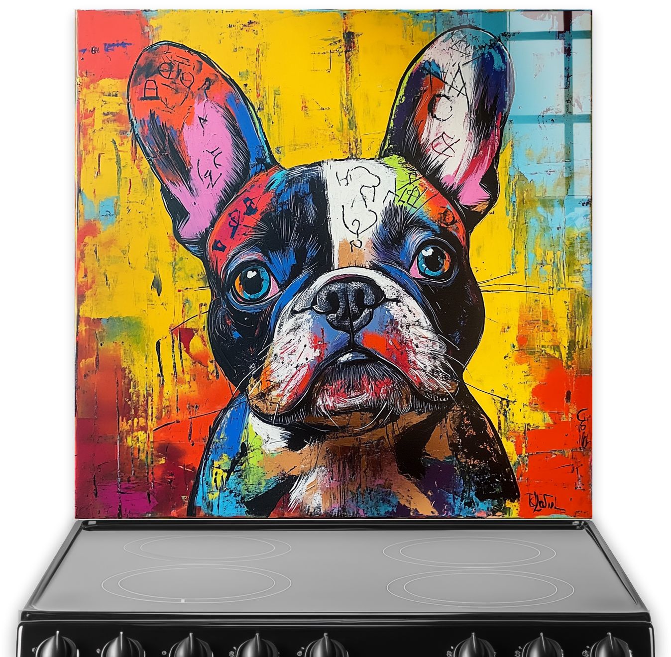 French Bulldog splashback with grunge graffiti art in yellow, red, black, and blue.