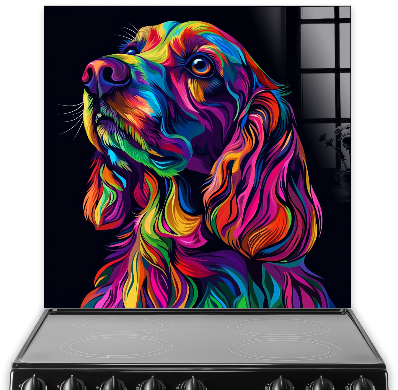 Colourful neon cocker spaniel splashback art with vibrant hues. On a black backgroud