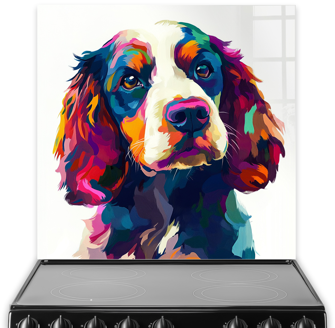 Colourful cocker spaniel artwork on a kitchen splashback.
