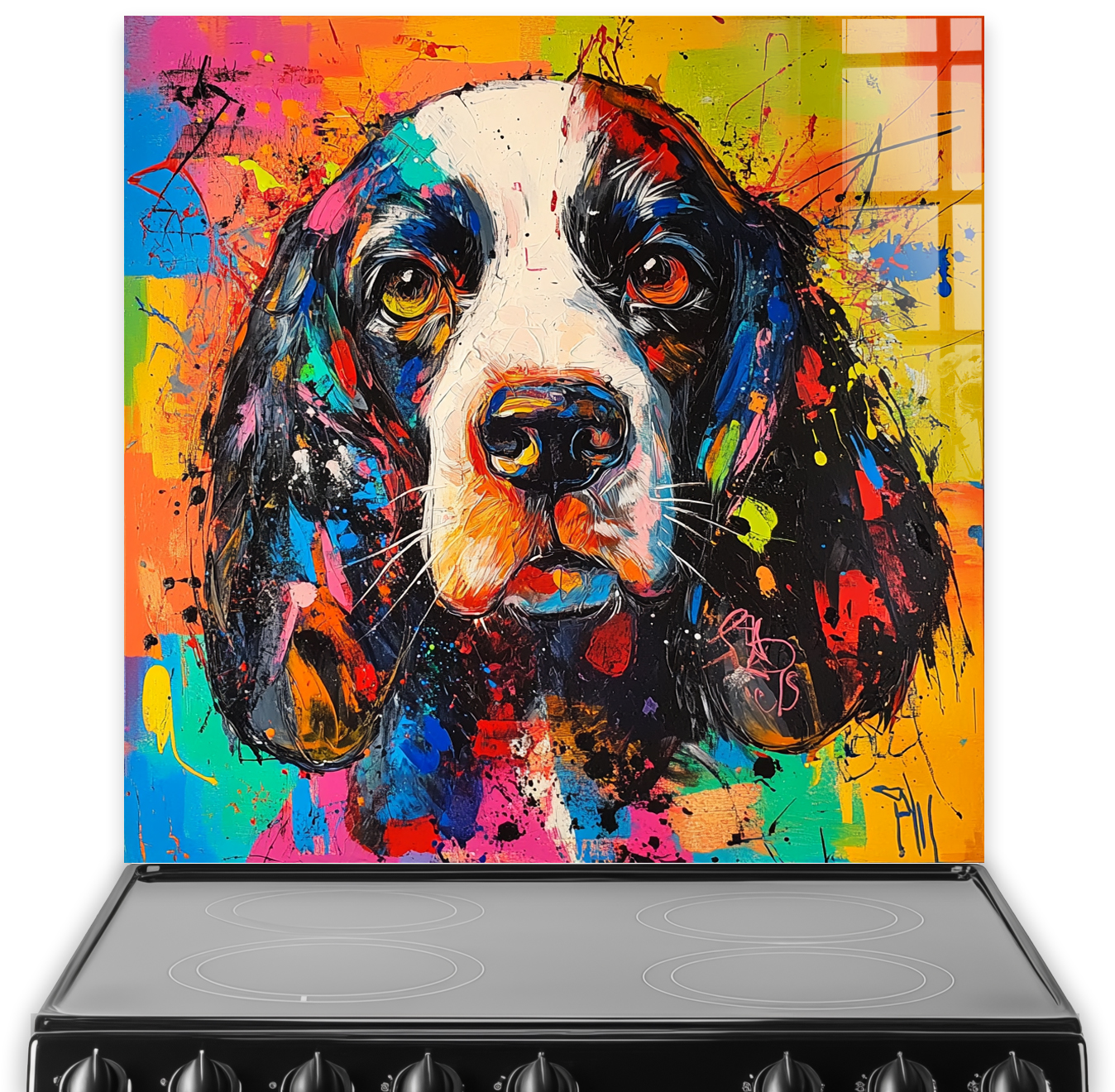 Colourful graffiti-style cocker spaniel splashback artwork in bold reds, blues, oranges, and greens.