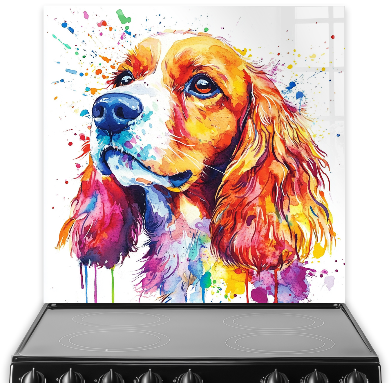 Vibrant cocker spaniel splashback art in colourful shades of orange, blue, red, yellow, and purple.