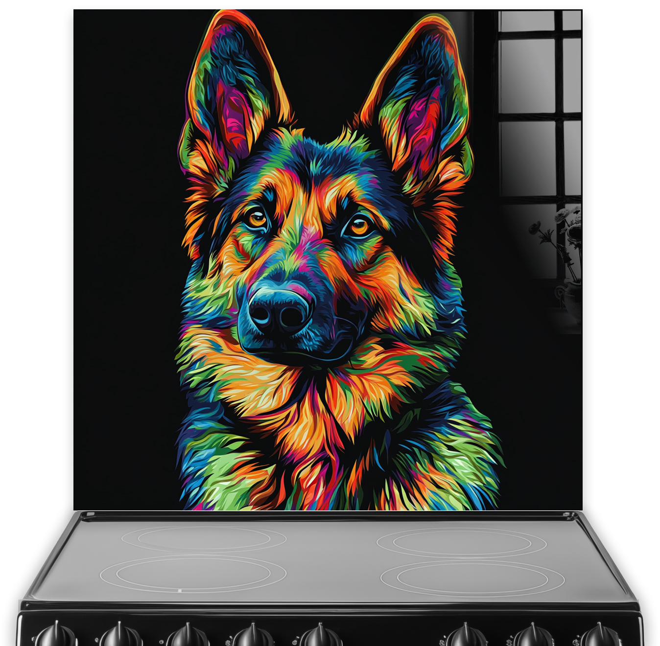Neon German Shepherd splashback art with vibrant colours