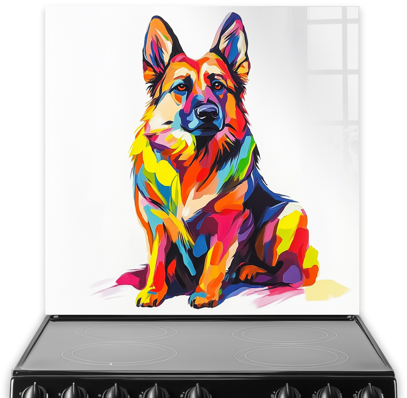 Colourful German Shepard artwork splashback