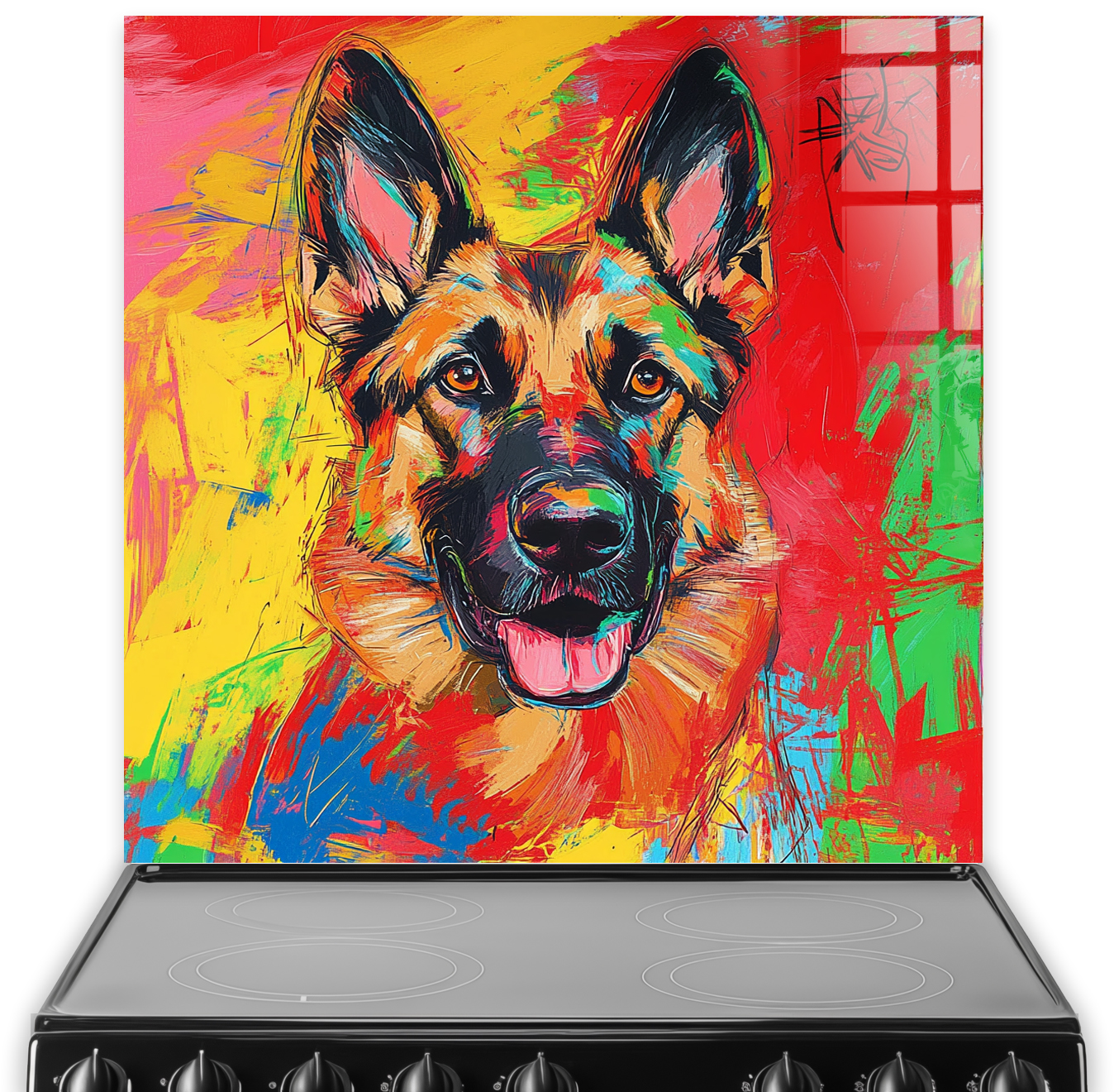 German Shepard splashback with vibrant colours in graffiti style