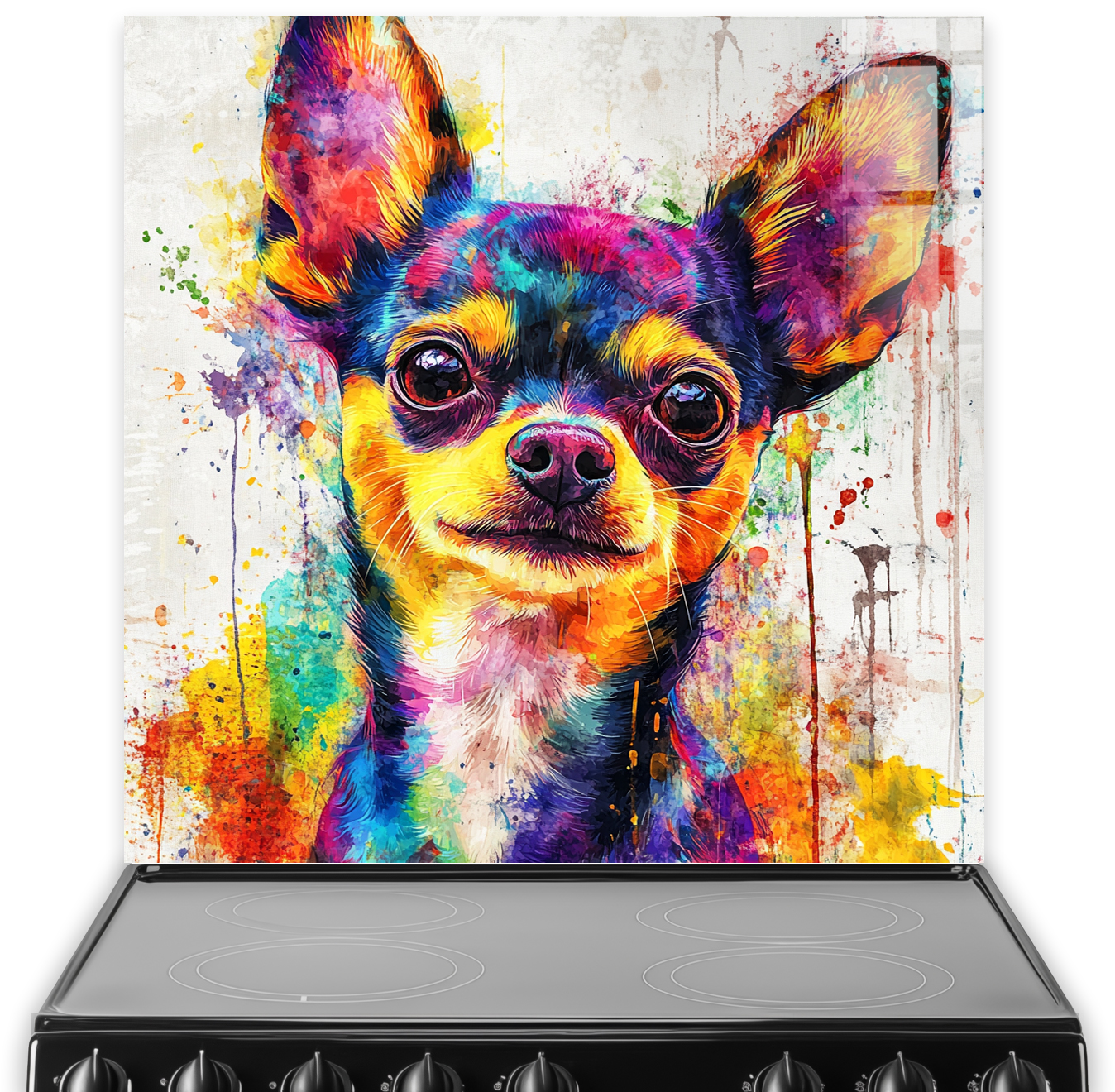 Colourful Chihuahua splashback art with vibrant colours.