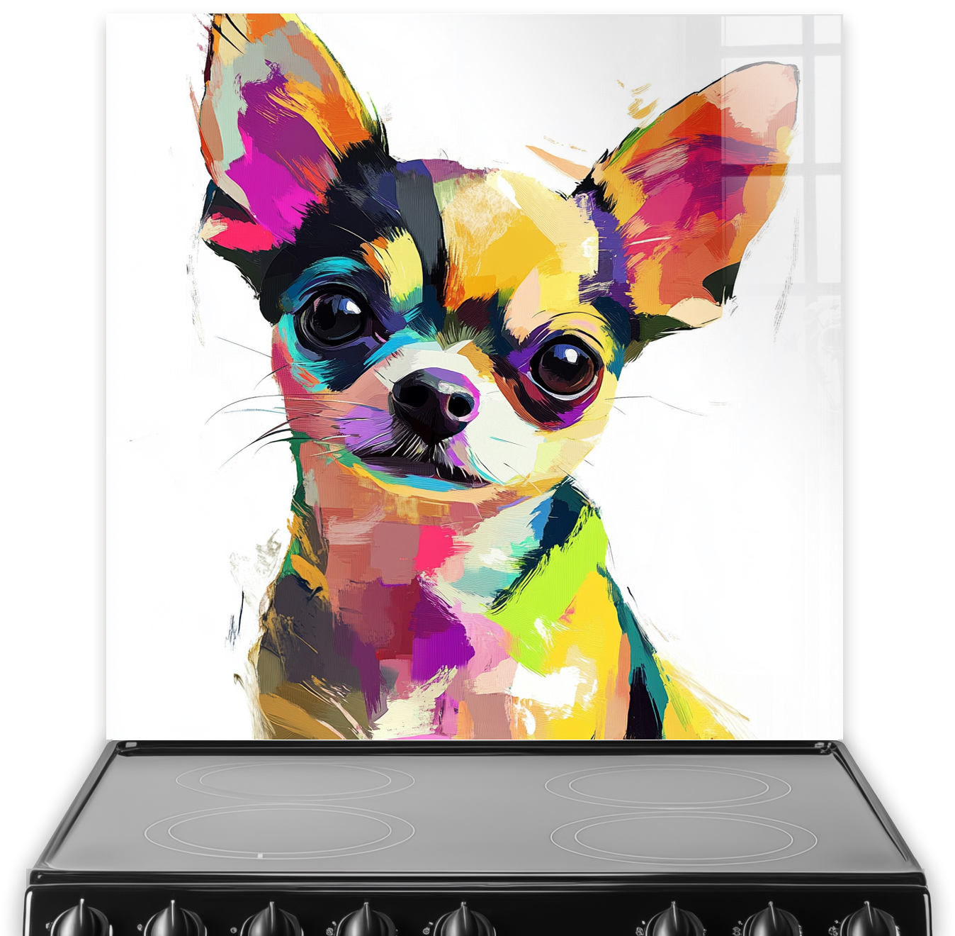 Colourful Cute Chihuahua splashback art with vibrant pink, yellow, blue, and black.
