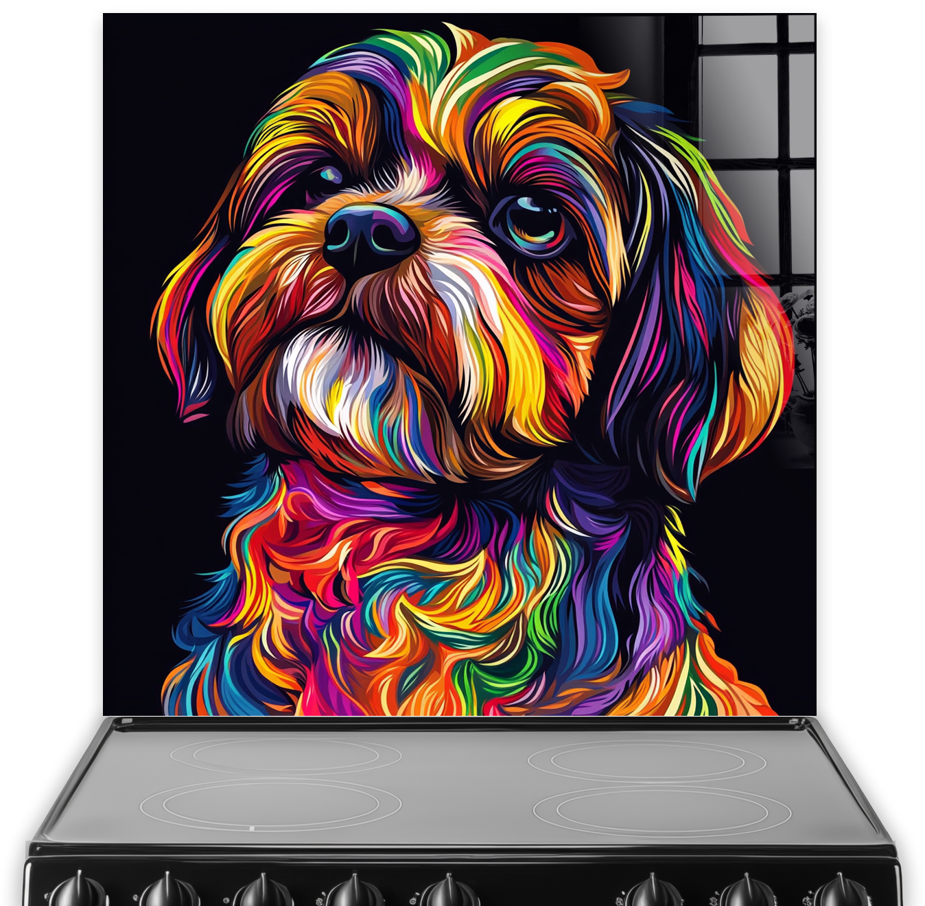 Colourful Shih-Tzu splashback art on kitchen wall