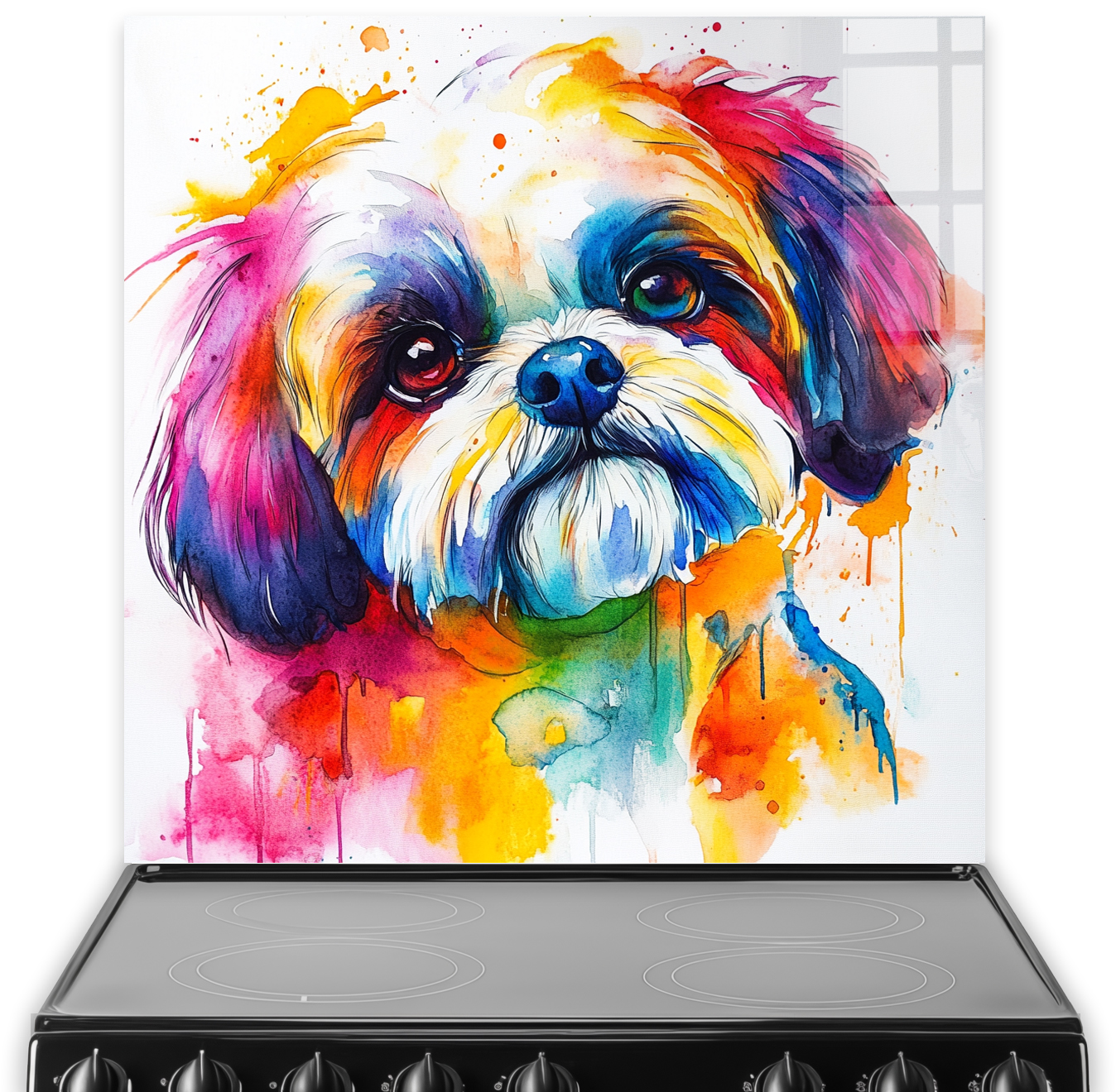 Colourful Shih-Tzu splashback art with vibrant reds, blues, yellows, and greens.