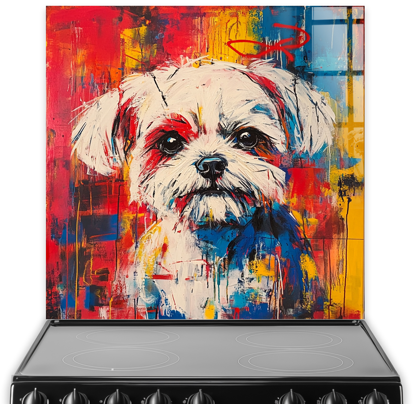 Graffiti style Shih-Tzu splashback with vibrant red, blue, and yellow colours.
