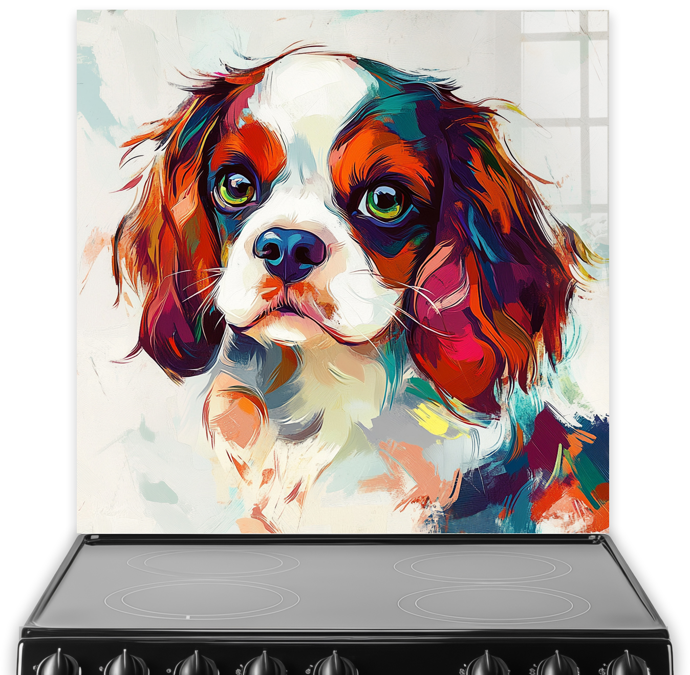 Colourful Cavalier King Charles Spaniel splashback art with red, blue, and orange hues.
