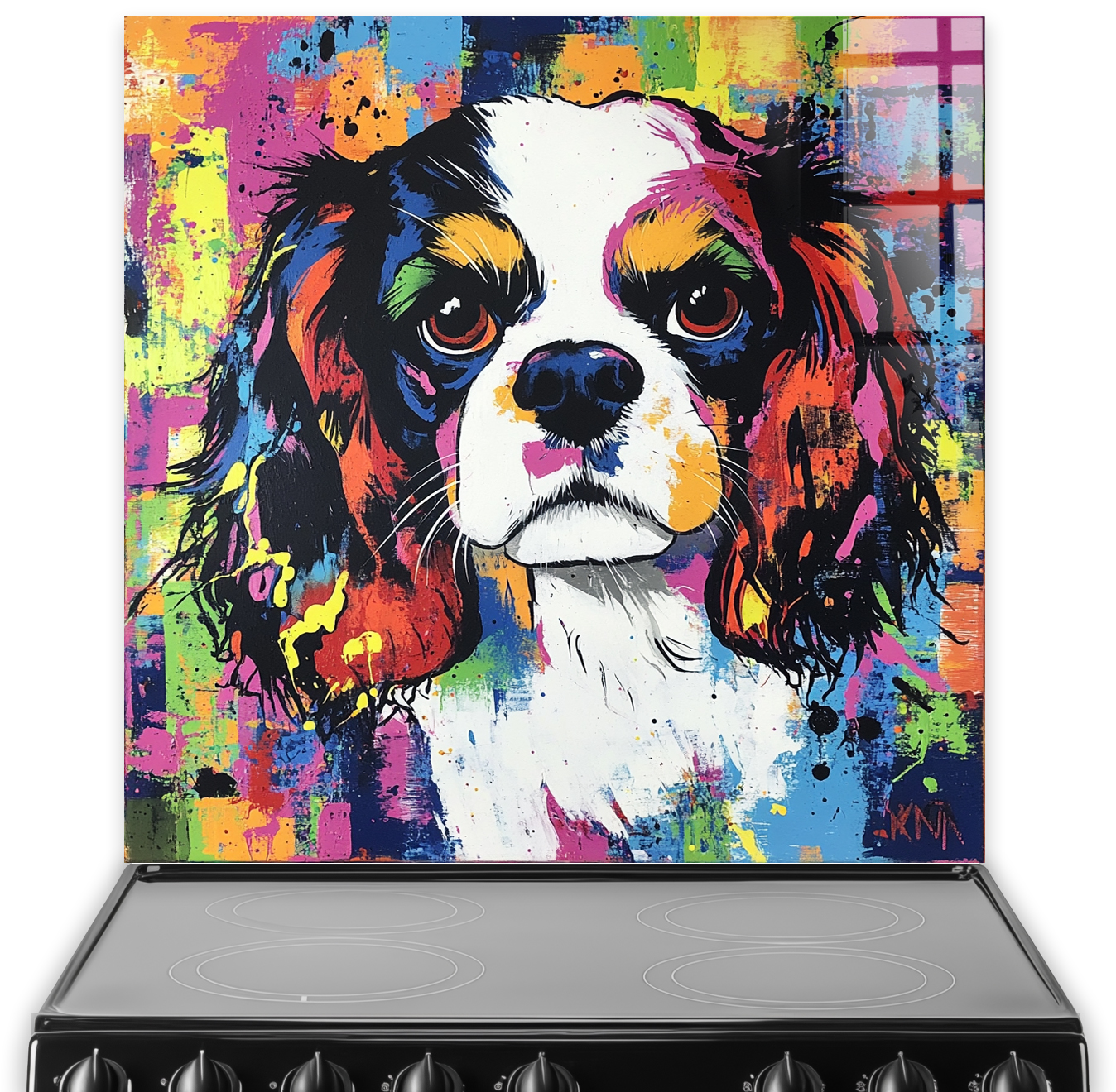 Graffiti style Cavalier King Charles Spaniel splashback with vibrant colours.
