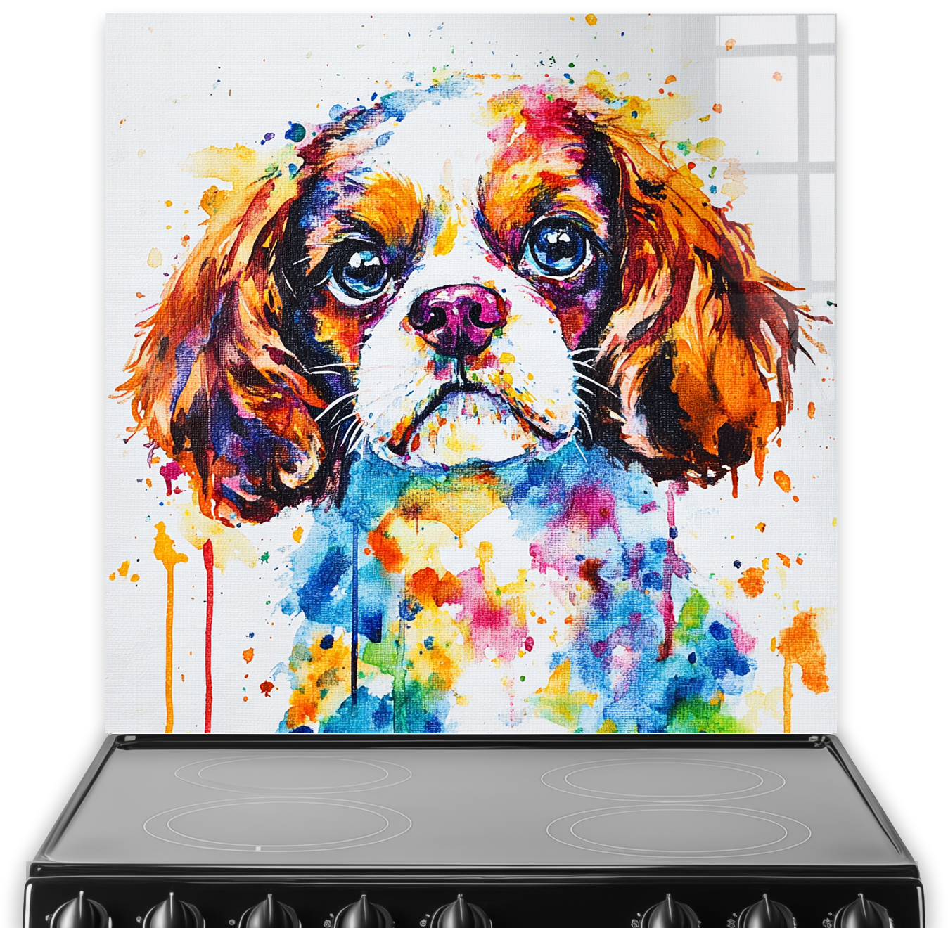 Colourful Cavalier King Charles Spaniel splashback art with vibrant colours.
