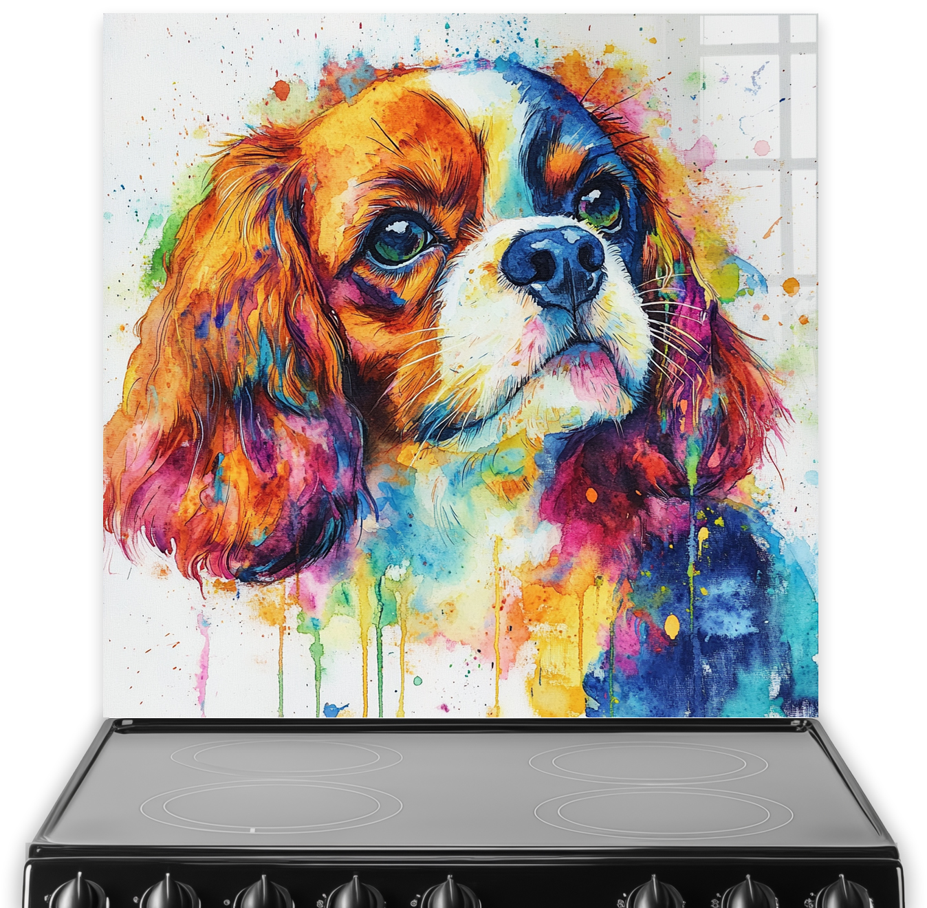 Colourful Cavalier King Charles Spaniel splashback art with vibrant orange, blue, green, and pink tones.