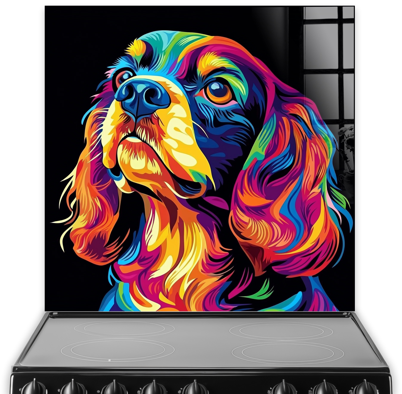 Colourful Cavalier King Charles Spaniel splashback art with neon hues.