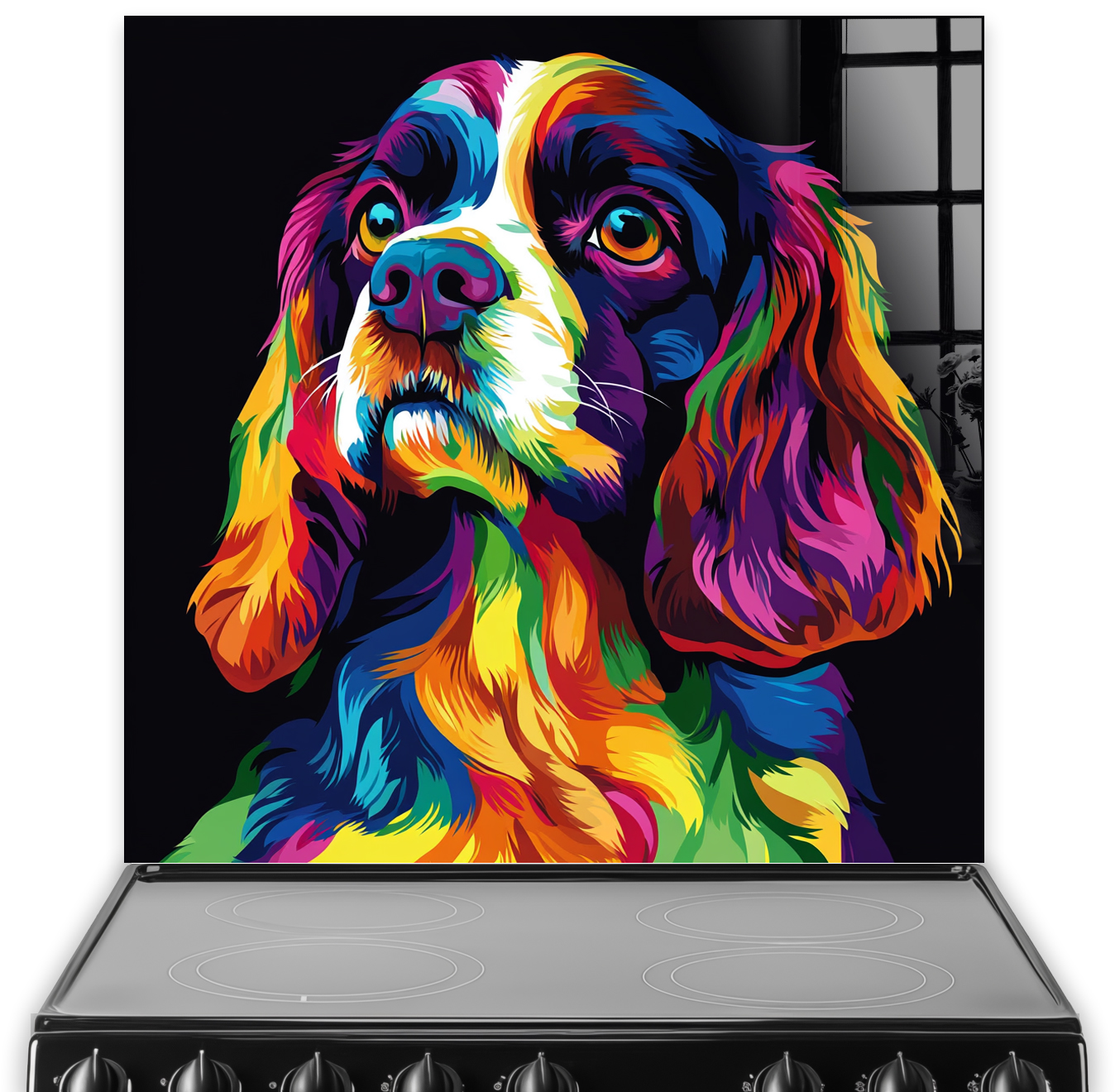 Colourful Cavalier King Charles Spaniel splashback with vibrant neon design.