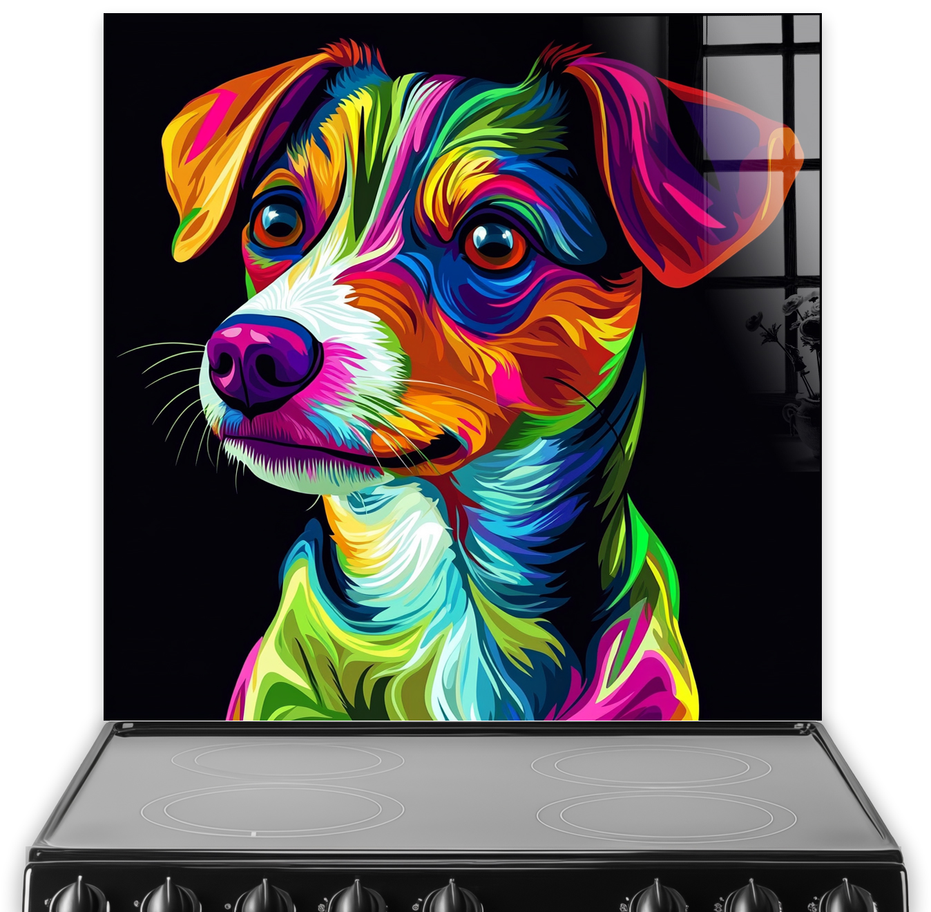Colourful neon Jack Russell Terrier splashback art with vibrant colours.