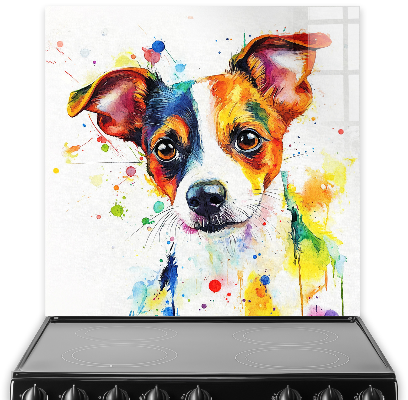 Colourful Jack Russell Terrier splashback art with vibrant splashes of red, orange, yellow, blue, and green.