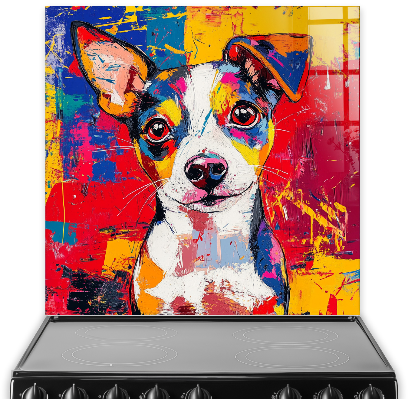 Jack Russell Terrier graffiti splashback with colourful abstract background.