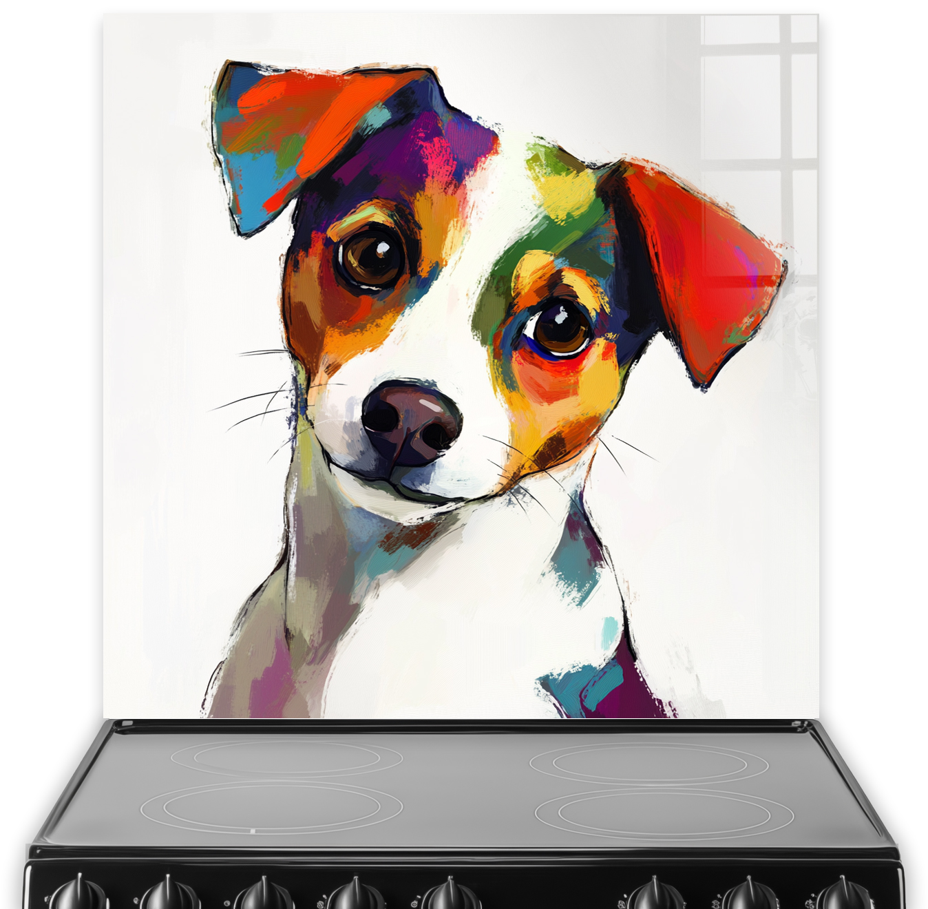 Colourful Jack Russell Terrier splashback art with vibrant red, orange, green, and blue tones.