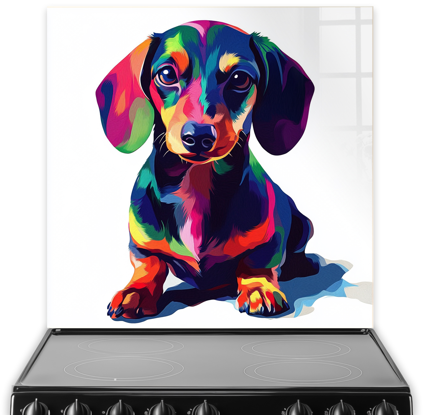 Vibrant Dachshund splashback art with colourful hues