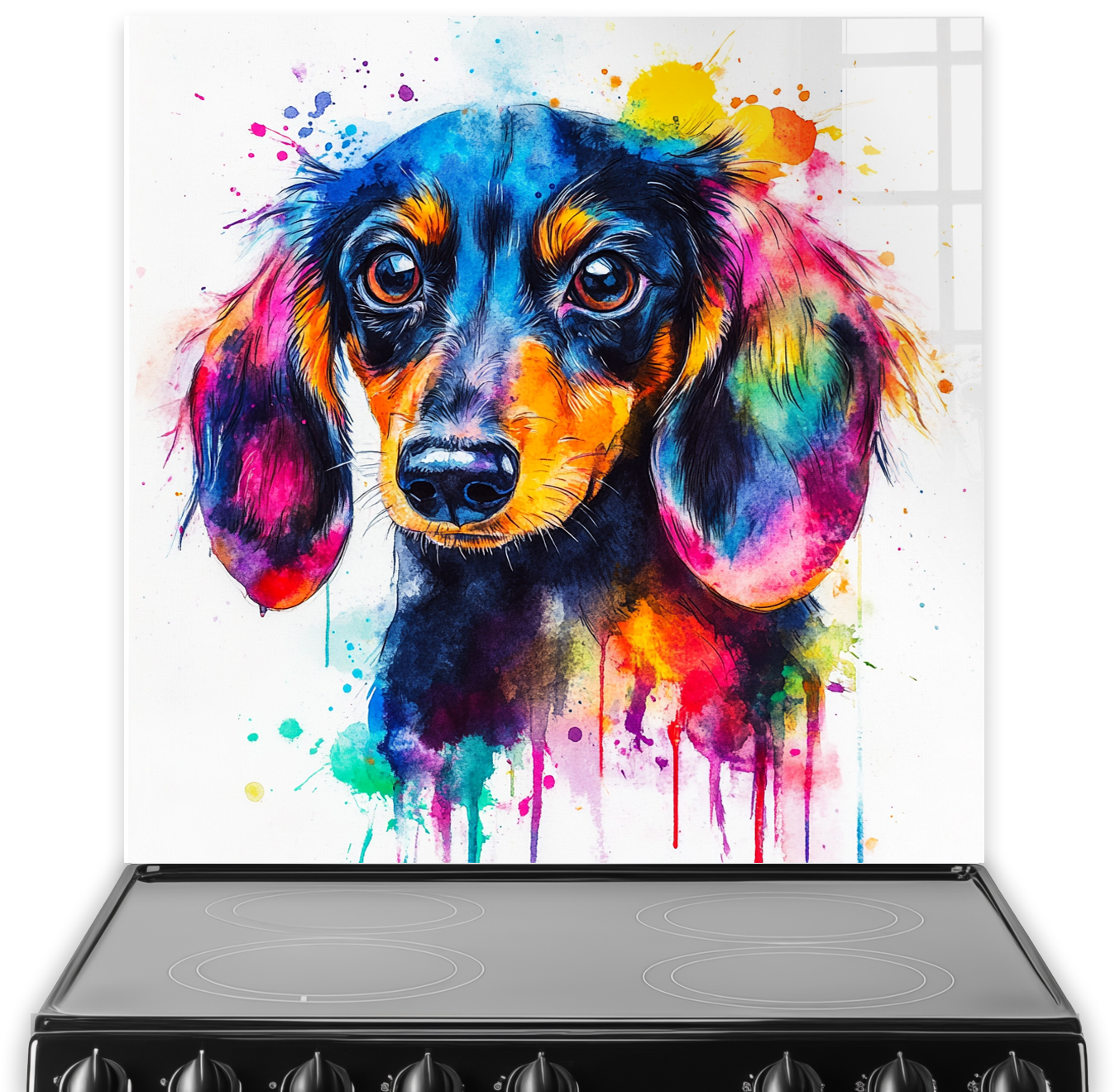 Colourful Drippy Dachshund splashback art with vibrant blue, orange, pink, yellow, and green splashes.