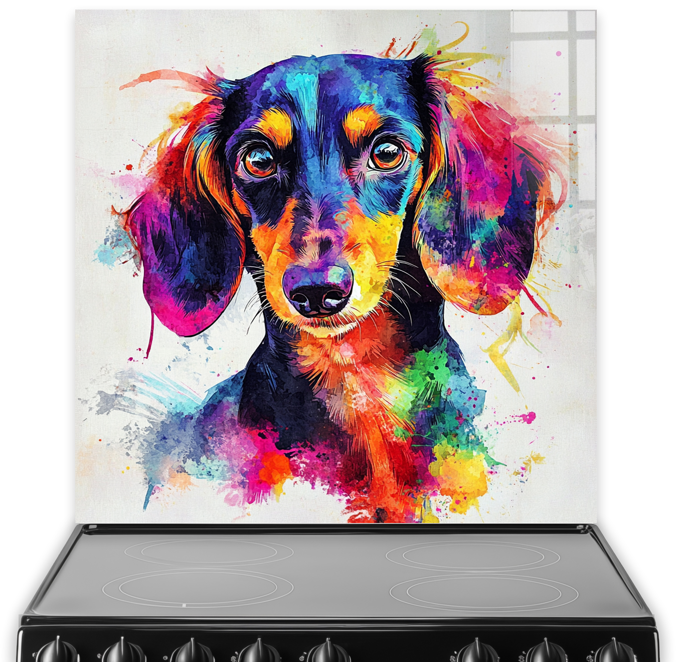 Dachshund splashback with vivid watercolour art in bright blues, oranges, purples, and yellows.