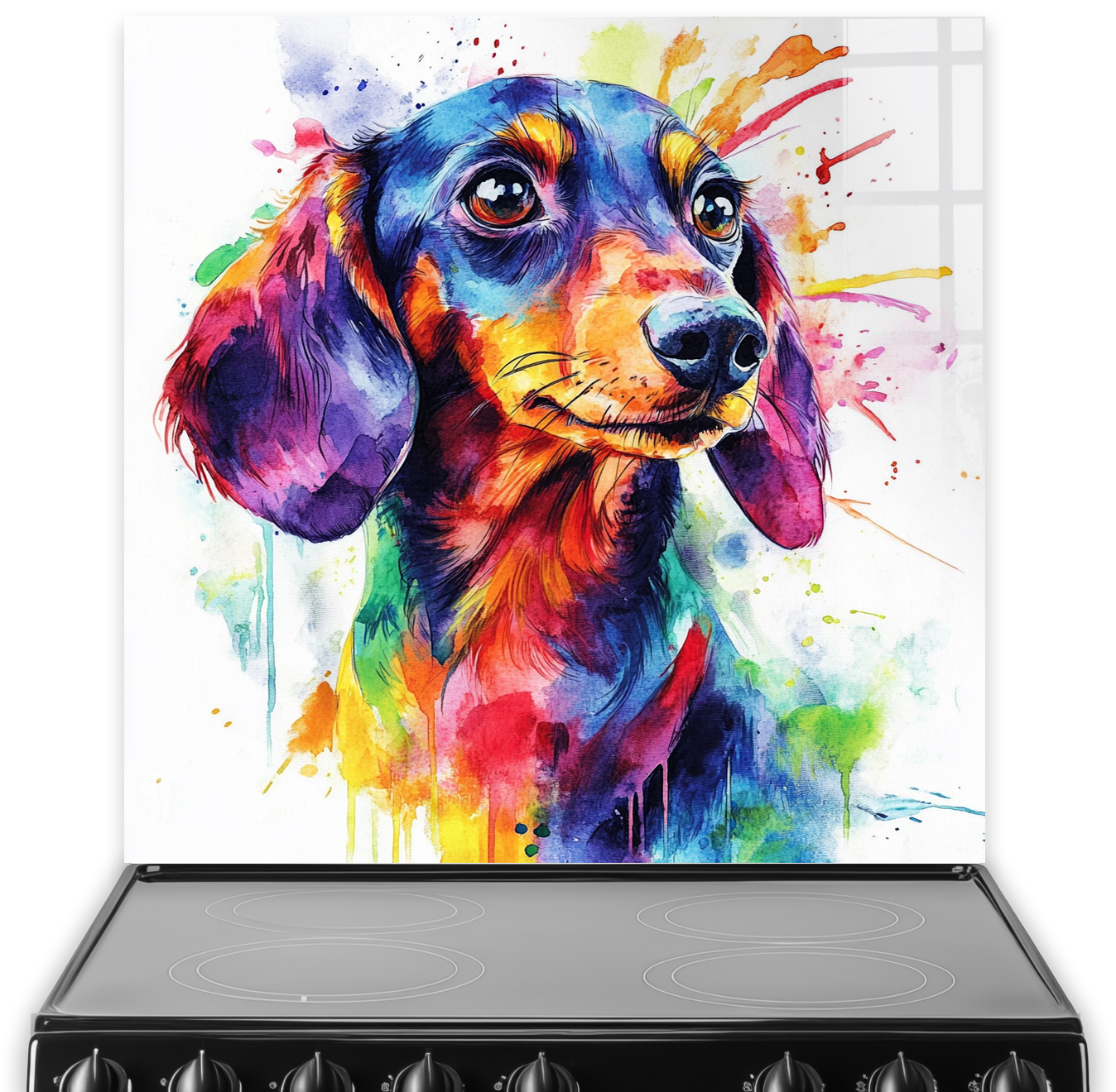 Colourful Dachshund splashback art with vibrant colours.