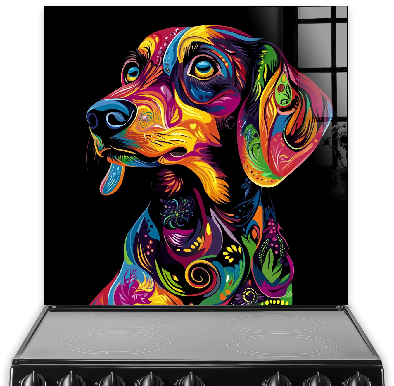 Colourful Dachshund splashback art with vibrant colours on black background.