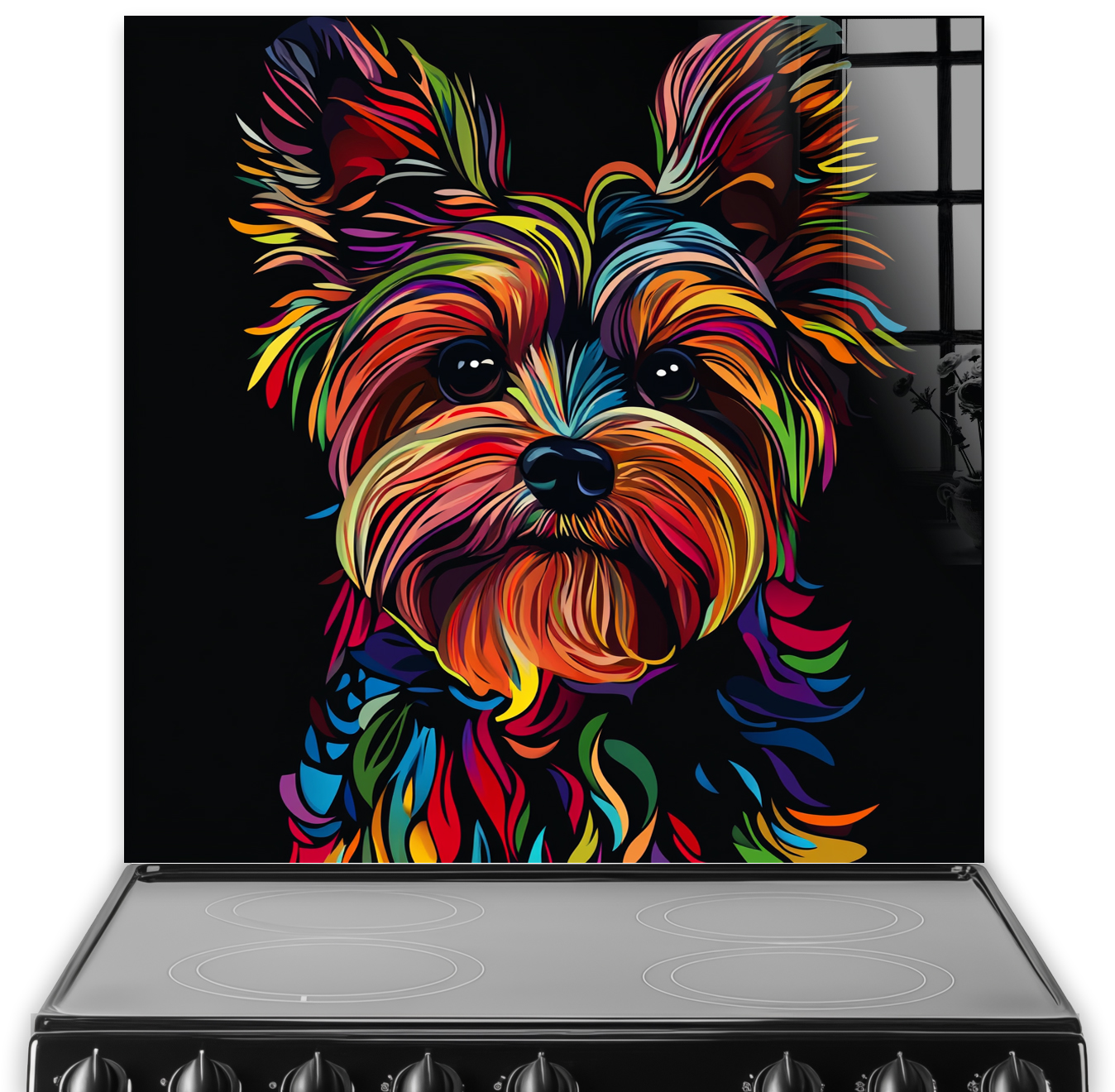 Colourful Yorkshire Terrier splashback with neon design