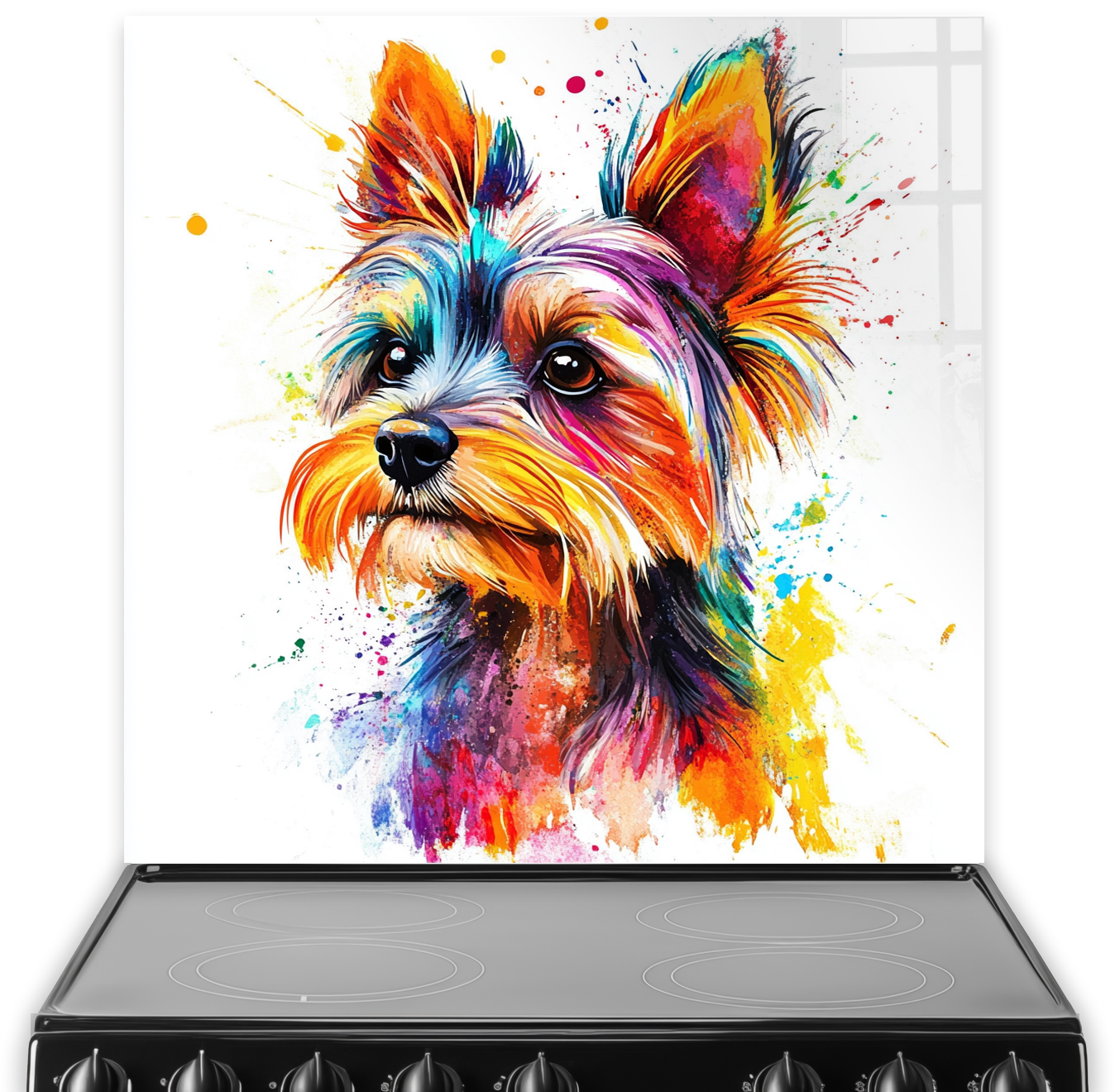 Colourful Yorkshire Terrier splashback art with vibrant colours.