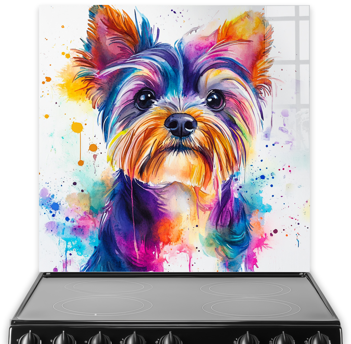 Vivid watercolour painting of a Yorkshire Terrier with colourful splashes.