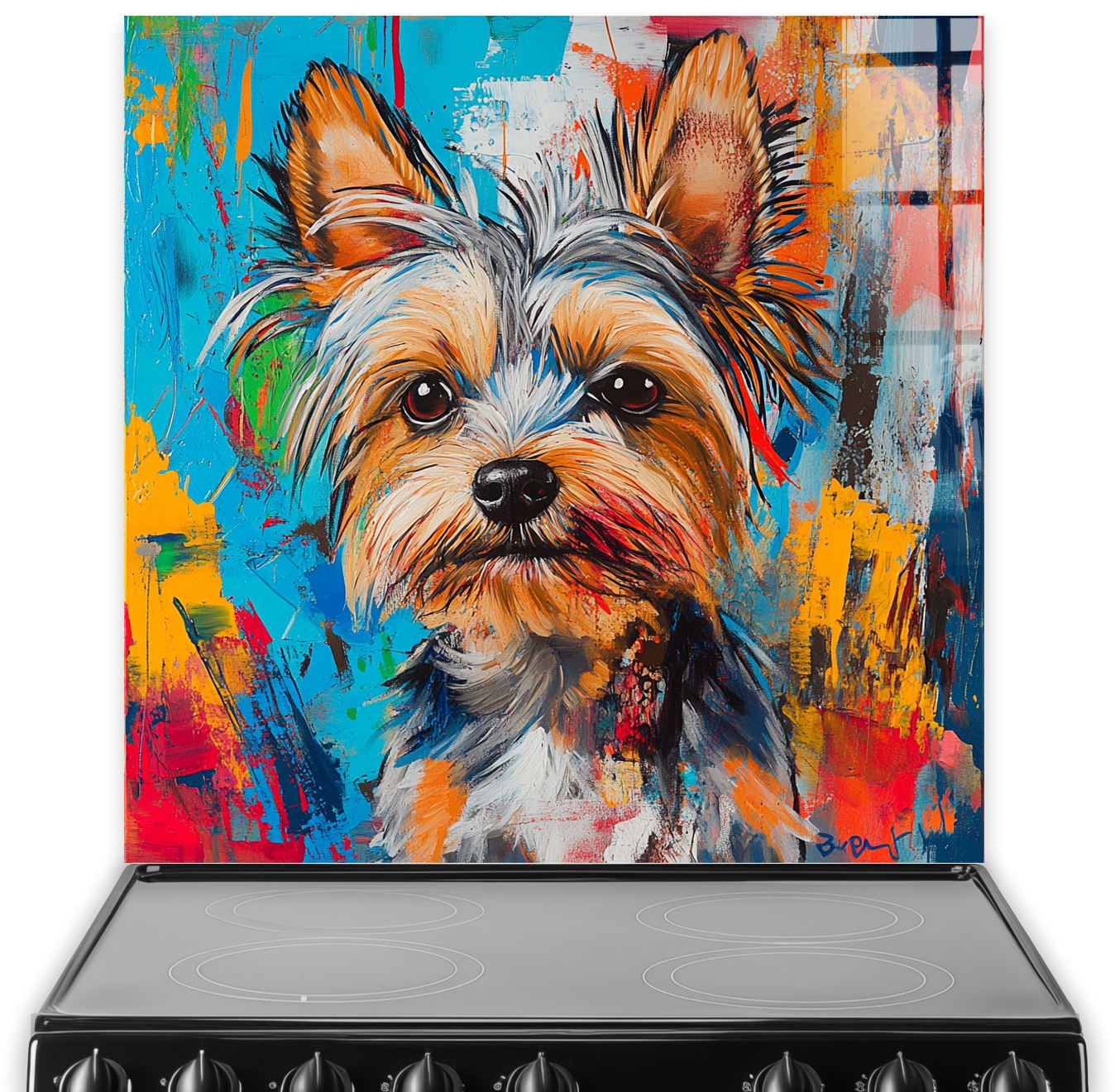 Colourful graffiti-style Yorkshire Terrier splashback art with blue, orange, red, and yellow background.