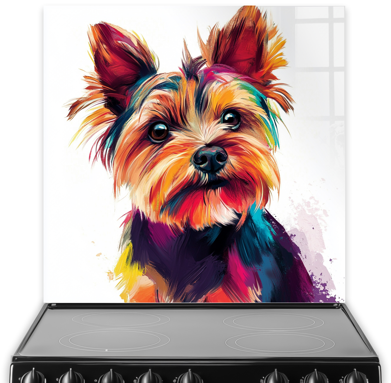 Colourful Yorkshire Terrier splashback art with vibrant orange, purple, yellow, and blue hues.
