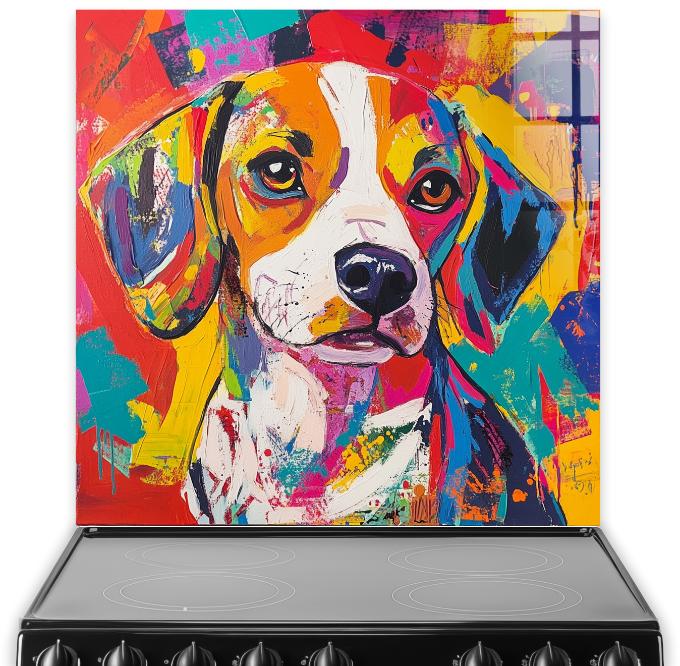 Graffiti style beagle splashback with vibrant colours.