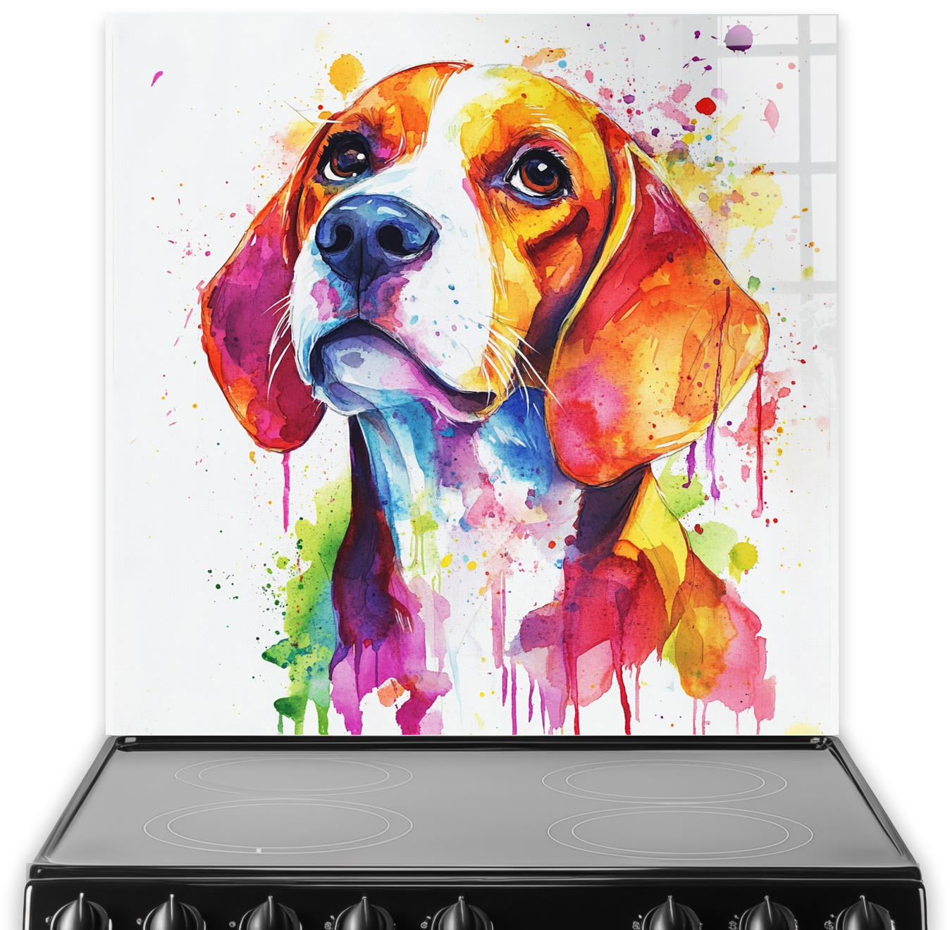 Vibrant watercolour Beagle splashback art with colourful splashes