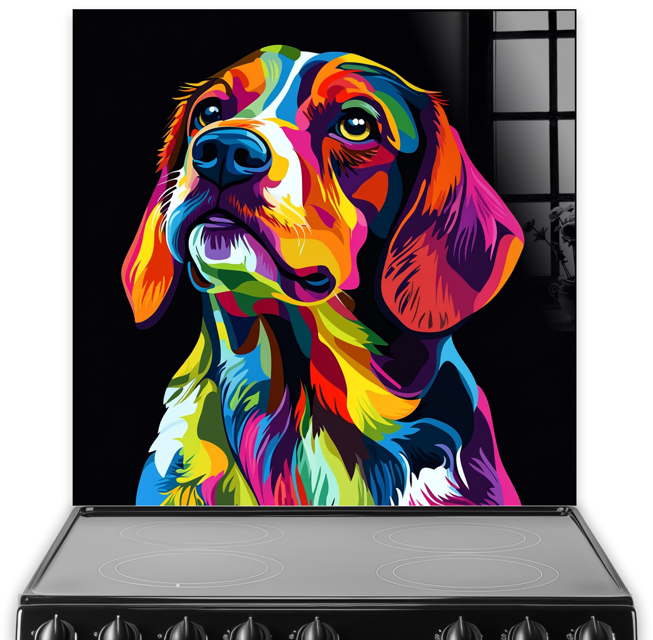 Neon beagle art splashback in vibrant pop art style with bright colours.