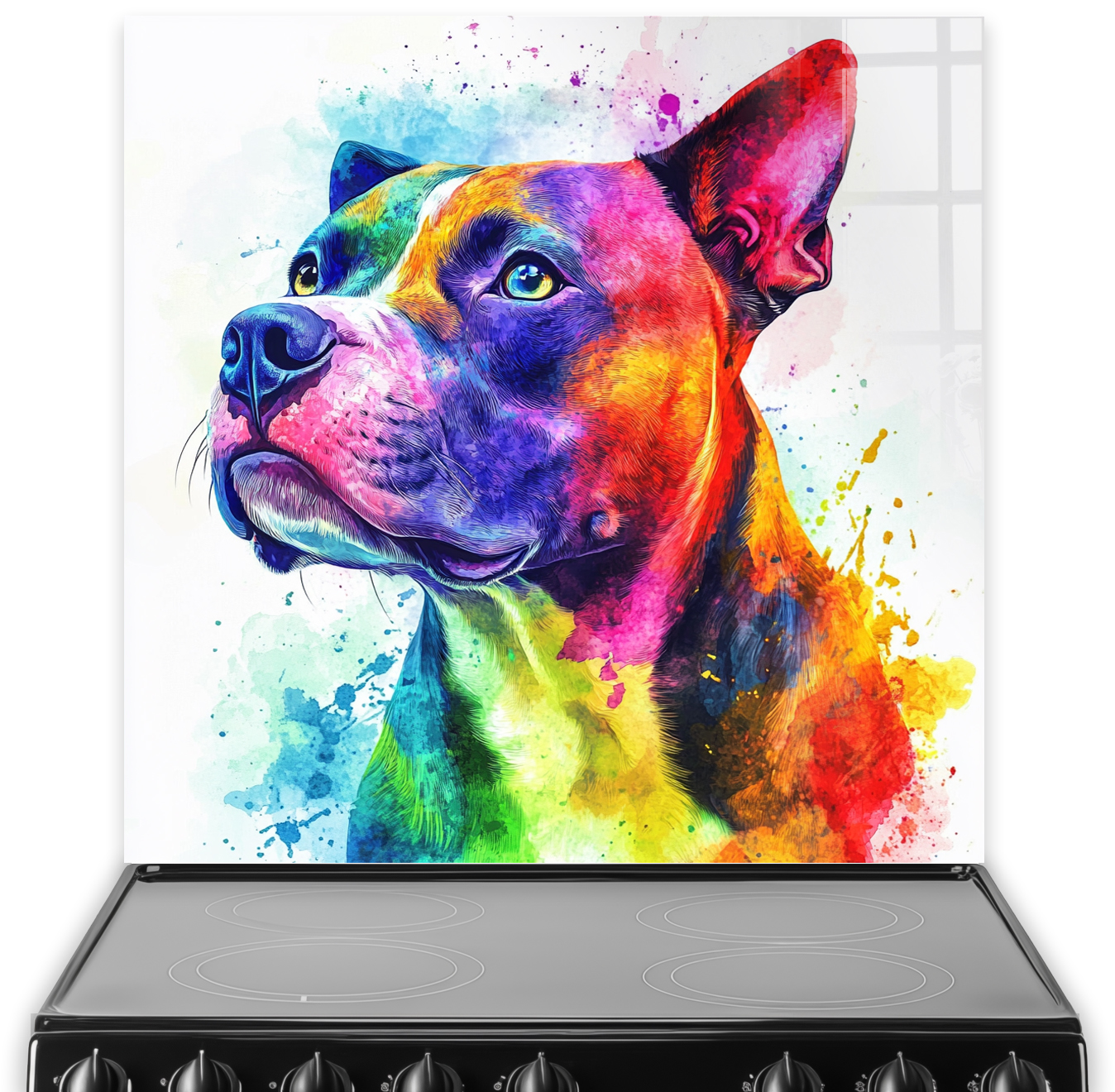 Vibrant abstract art of a Staffordshire Bull Terrier in blue, red, yellow, and green.