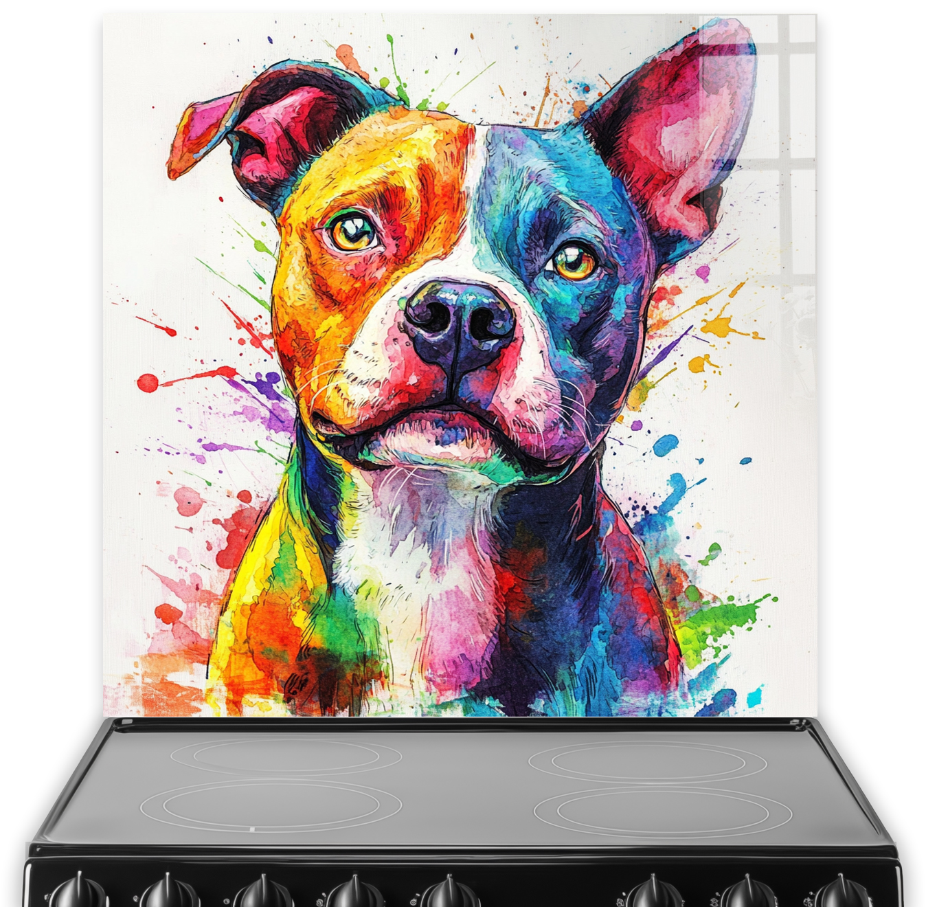 Vibrant Staffordshire Bull Terrier colourful splashback art