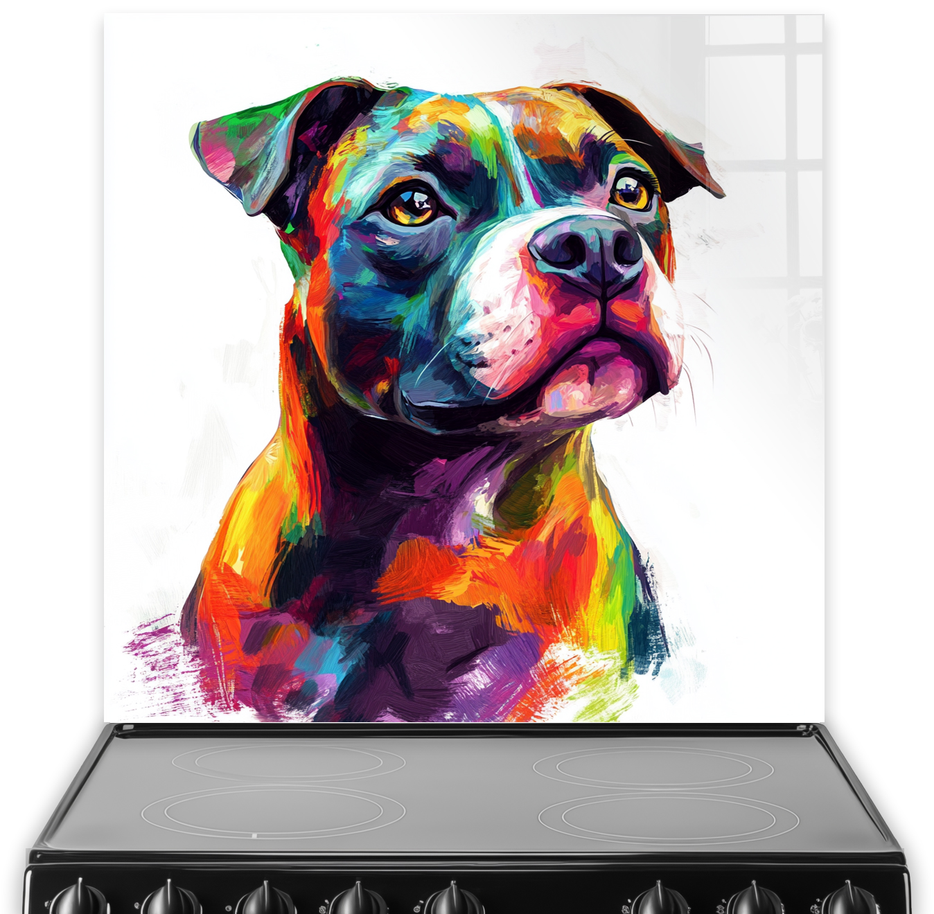 Colourful Staffordshire Bull Terrier art splashback with vibrant colours and expressive style.