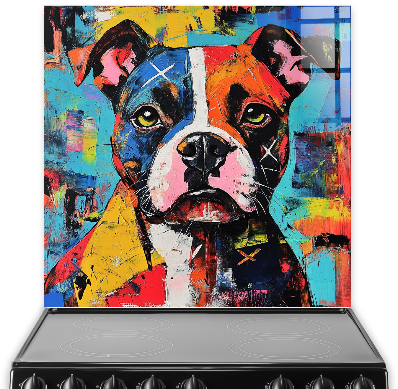 Colourful graffiti-style Staffordshire Bull Terrier splashback art.