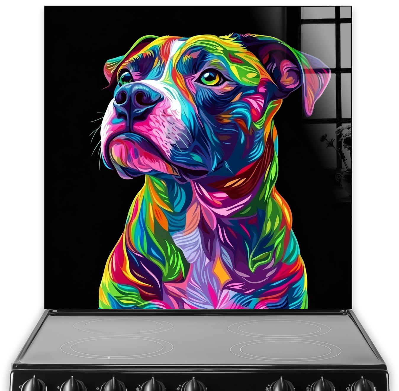 Colourful Staffordshire Bull Terrier pop-art splashback with vibrant neon hues.