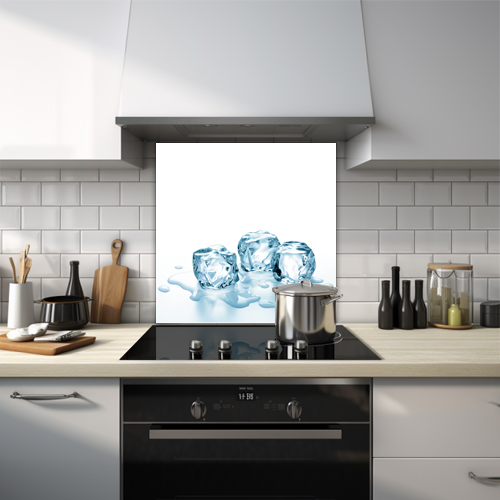 3 ice cubes melting splashback on a white background.
