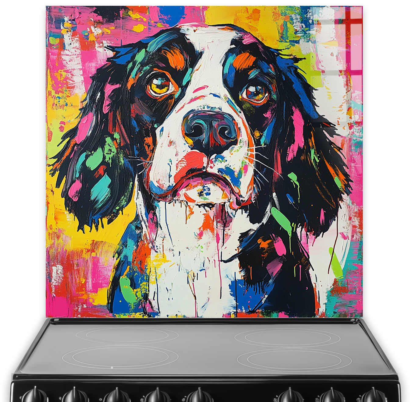 Colourful graffiti-style English Springer Spaniel splashback in vibrant pink, yellow, blue, and green.