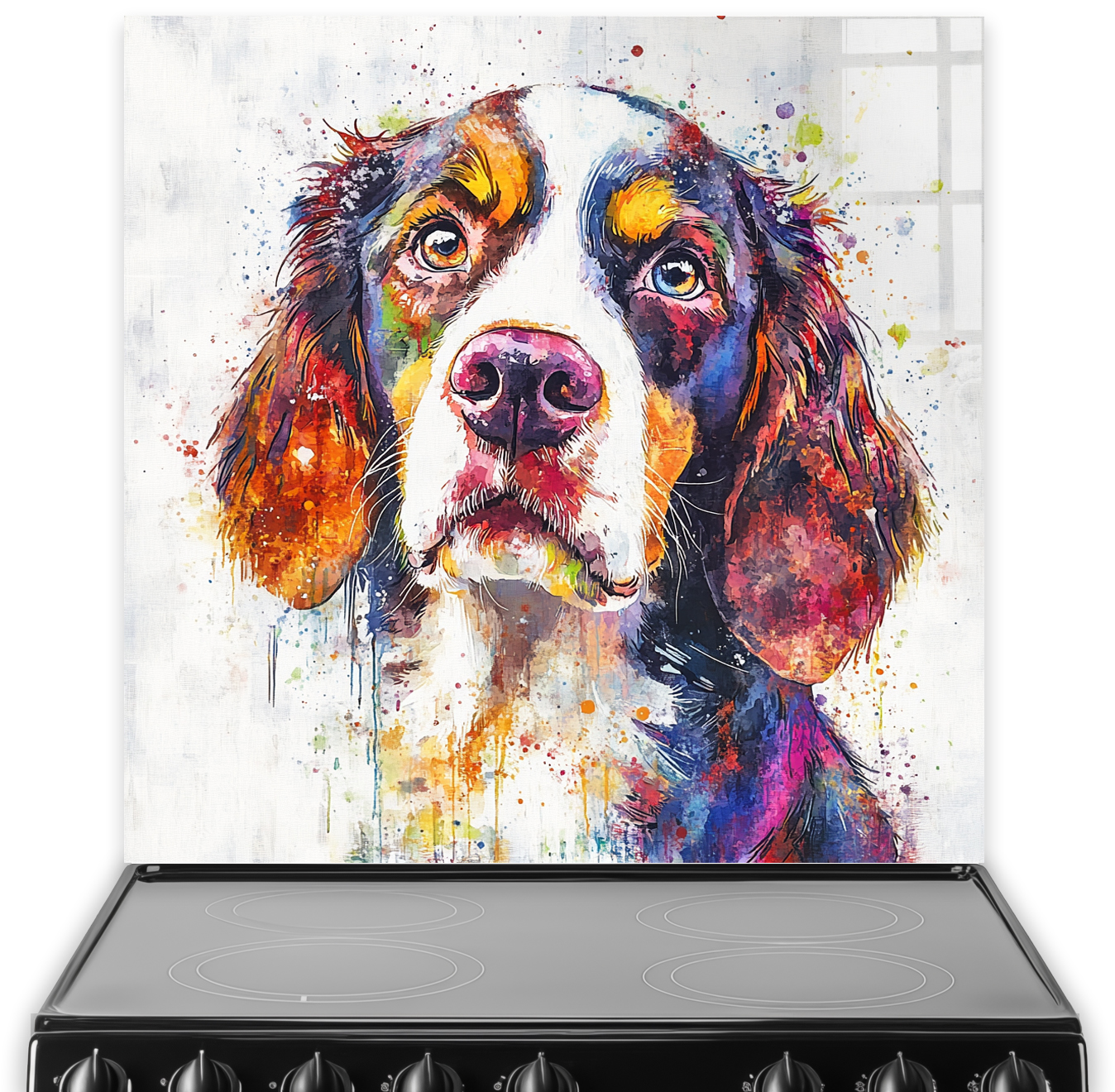 Vibrant watercolour English Springer Spaniel splashback art with colourful splashes.