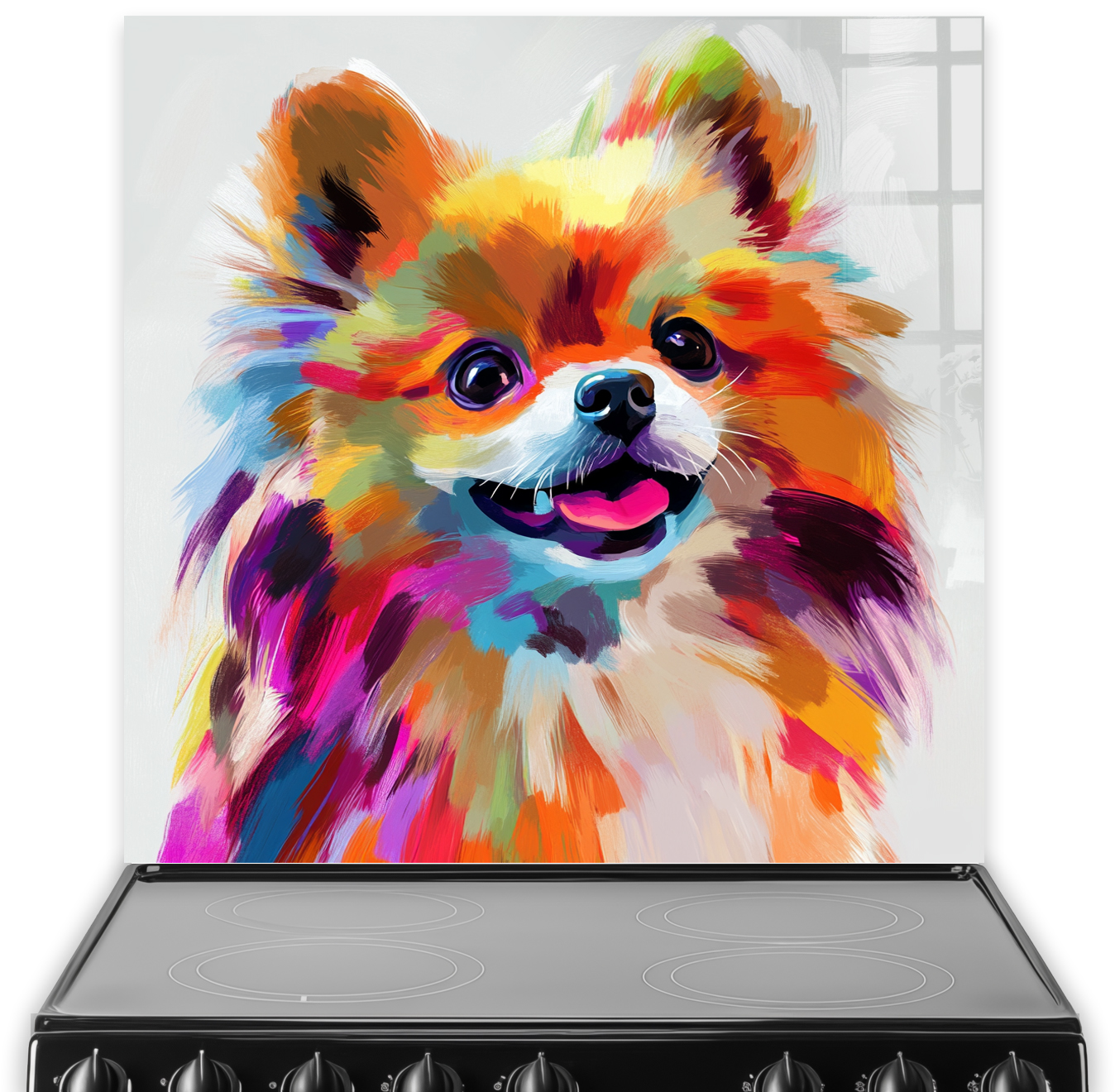 Colourful Pomeranian splashback art with vibrant abstract design.